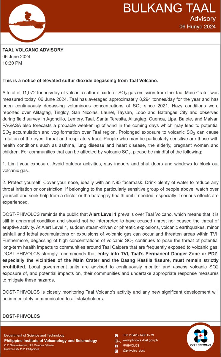 TAAL VOLCANO ADVISORY
06 June 2024
10:30 PM

This is a notice of elevated sulfur dioxide degassing from Taal Volcano.