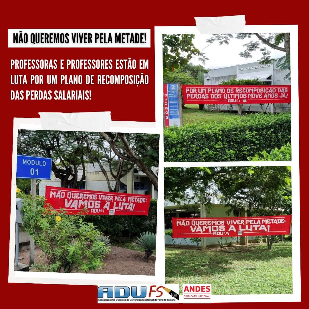 Adufs's tweet photo. 🚩 Não queremos viver pela metade!

Com a aprovação do indicativo de greve na última terça-feira (04/06/24), a campanha salarial das professoras e dos professores segue na Universidade Estadual de Feira de Santana (UEFS). https://t.co/OzOwVCXkl1