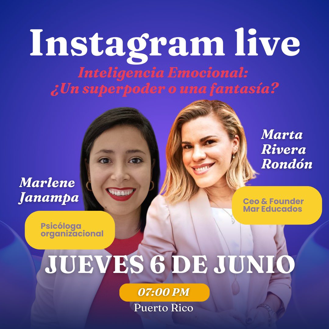 Instagram live! Hoy a las 7pm 🇵🇷
Te esperamos 🧡🧠

@martine_rondon

#inteligenciaemocional #mareducados #SaludMental #saludemocional