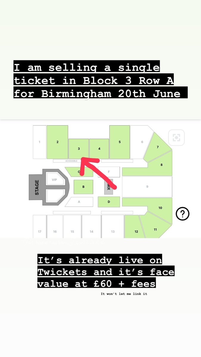 GalleryAloud's tweet photo. I have a single ticket block 3 row a (front row of side block) for Birmingham 20th June. 
It’s live on Twickets, face value plus fees so you know it’s legit. Can’t link but it’s still there. https://t.co/2R6FlXd65h