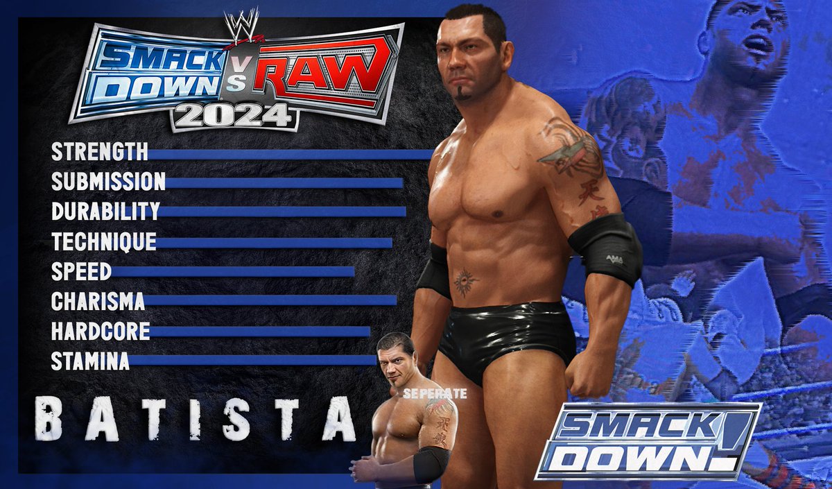 ProjectSVR2K's tweet photo. 🚨NEW! #WWE2K24 #SVRPROJECT Upload

➤ Batista (In-game Edit)
➤ Search Tags ➪ SVRX2K24 or SVRPROJECT

Created by @Applesa18888542 x @TheJumpMan98

➤ INCLUDES
⭑SVR Render (Separate) 
⭑De-aged Face
⭑Correct Tattoos
⭑Accurate Hair (2 Slots)

Can be set as an ALT to "Batista" https://t.co/dn6MMazcQJ