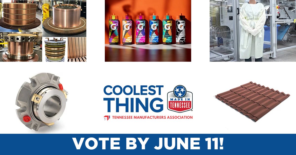 knoxchamber's tweet photo. Over 100 products were nominated for "Coolest Thing Made in Tennessee!" Check out these products made by our investors and vote by 6/11: https://t.co/UgQhhntjok

Commutator &amp; Slip Rings
Gatorade Bottles
Isolation Gowns
Mechanical Seals &amp; Support Systems
Stile Metal Roofing Tiles https://t.co/mp2RsNgrFt