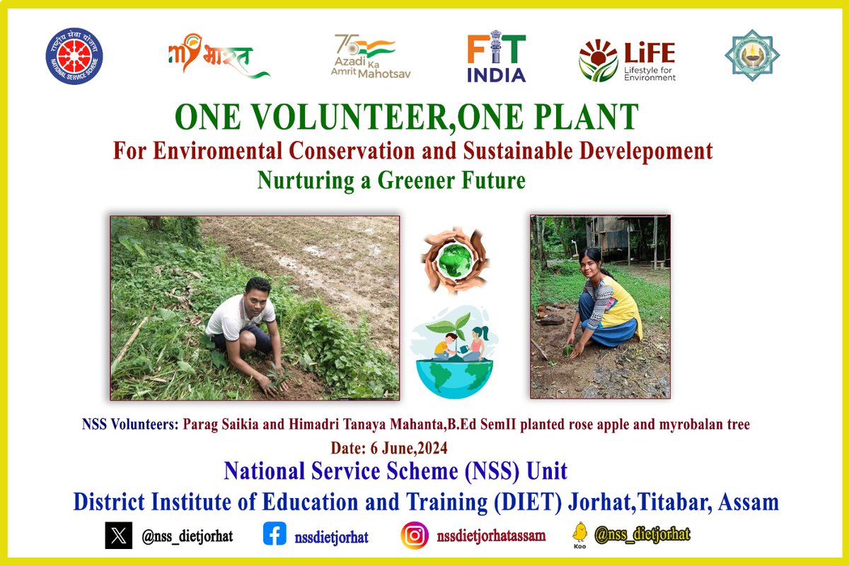 NSS Volunteers Parag Saikia and Himadri Tanya Mahanta,B.Ed Sem II  of DIET Jorhat, planted a tree in their locality on June 6, 2024.This effort is part of the "One Volunteer,One Plant" initiative,promoting environmental sustainability #GreenFuture  #GreenIndia🌳 <a href="/_NSSIndia/">NSS India</a>