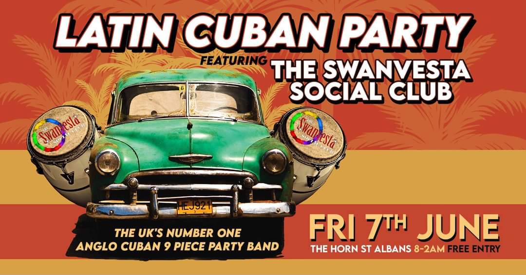 Like live music with lots of Latin percussion and horns? It's all about <a href="/SwanvestaSC/">Swanvesta SocialClub</a> <a href="/hornvenue/">The Horn, St Albans</a> #stalbans right next to the station free this Friday 7th June - late bar - onstage after 10pm. Love it if you can join us!