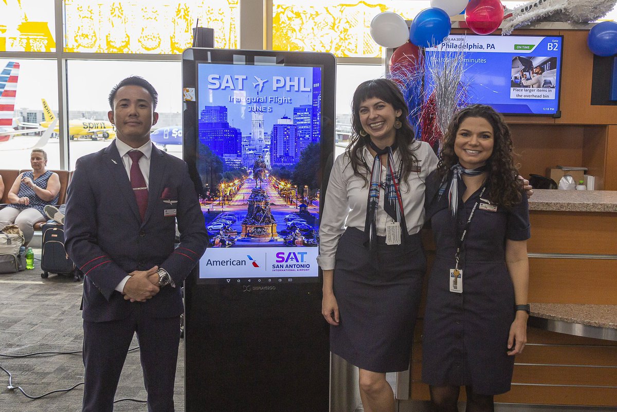 SATairport's tweet photo. THIRD NONSTOP LAUNCH IN JUNE 🎉 Yesterday, we celebrated the launch of nonstop service to Philadelphia on @AmericanAir! We partied in a typical Philly fashion with water ice and Philly cheesesteaks for all the passengers on this completely full flight! https://t.co/8tGOXrj7Rb