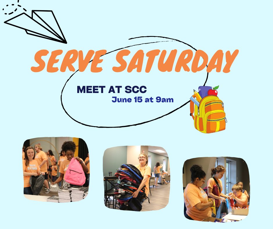 Our next Serve Saturday is June 15th. Meet us at SCC, where we will be putting together backpacks with school supplies for children in need in our community and offering multiple opportunities to serve in partnership with the Dream Center. Will you be there?