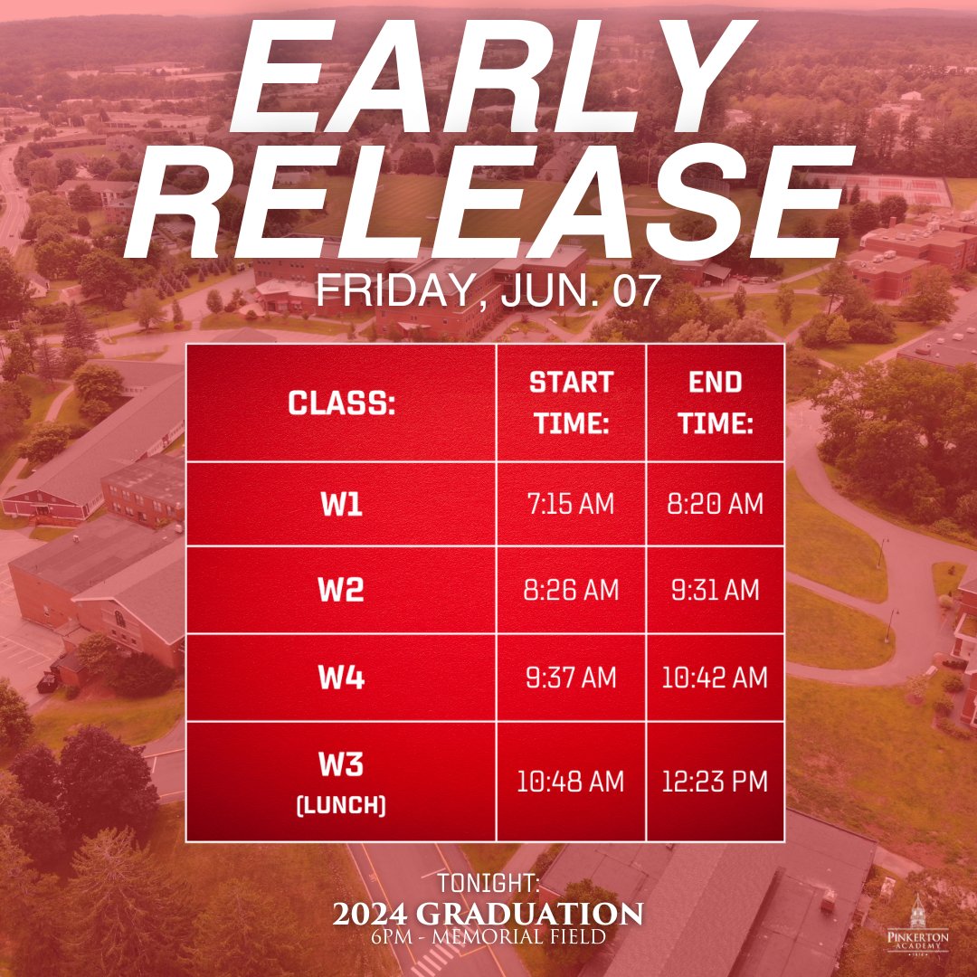 Tomorrow is an Early Release at Pinkerton Academy!

🚨 TOMORROW NIGHT: 2024 Graduation - 6pm (Memorial Field)

#TogetherWeArePinkerton #GoAstros