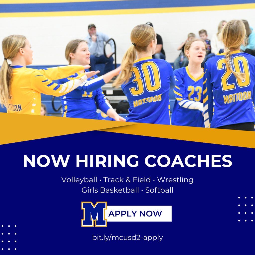 MattoonCUSD2's tweet photo. We are now hiring MMS coaches! 

✅ Girls Basketball Coach
✅ Assistant Softball Coach 
✅ Boys &amp; Girls Track &amp; Field Coaches
✅ Volleyball Coach
✅ Assistant Wrestling Coach

Apply online:👇 
https://t.co/Uqg2TjTUDP https://t.co/EUlcbJsZ0U