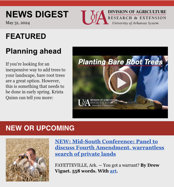 UA System Div of Ag (@aginark) on Twitter photo Have you seen our weekly news digest?
Check it out: bit.ly/3V7lOvn
#Arkansas #ag #families #research #landgrant
<a href="/AR_Extension/">Arkansas Cooperative Extension Service</a> <a href="/ArkAgResearch/">Arkansas Agricultural Experiment Station</a> Have you seen our weekly news digest?
Check it out: bit.ly/3V7lOvn
#Arkansas #ag #families #research #landgrant
<a href="/AR_Extension/">Arkansas Cooperative Extension Service</a> <a href="/ArkAgResearch/">Arkansas Agricultural Experiment Station</a>