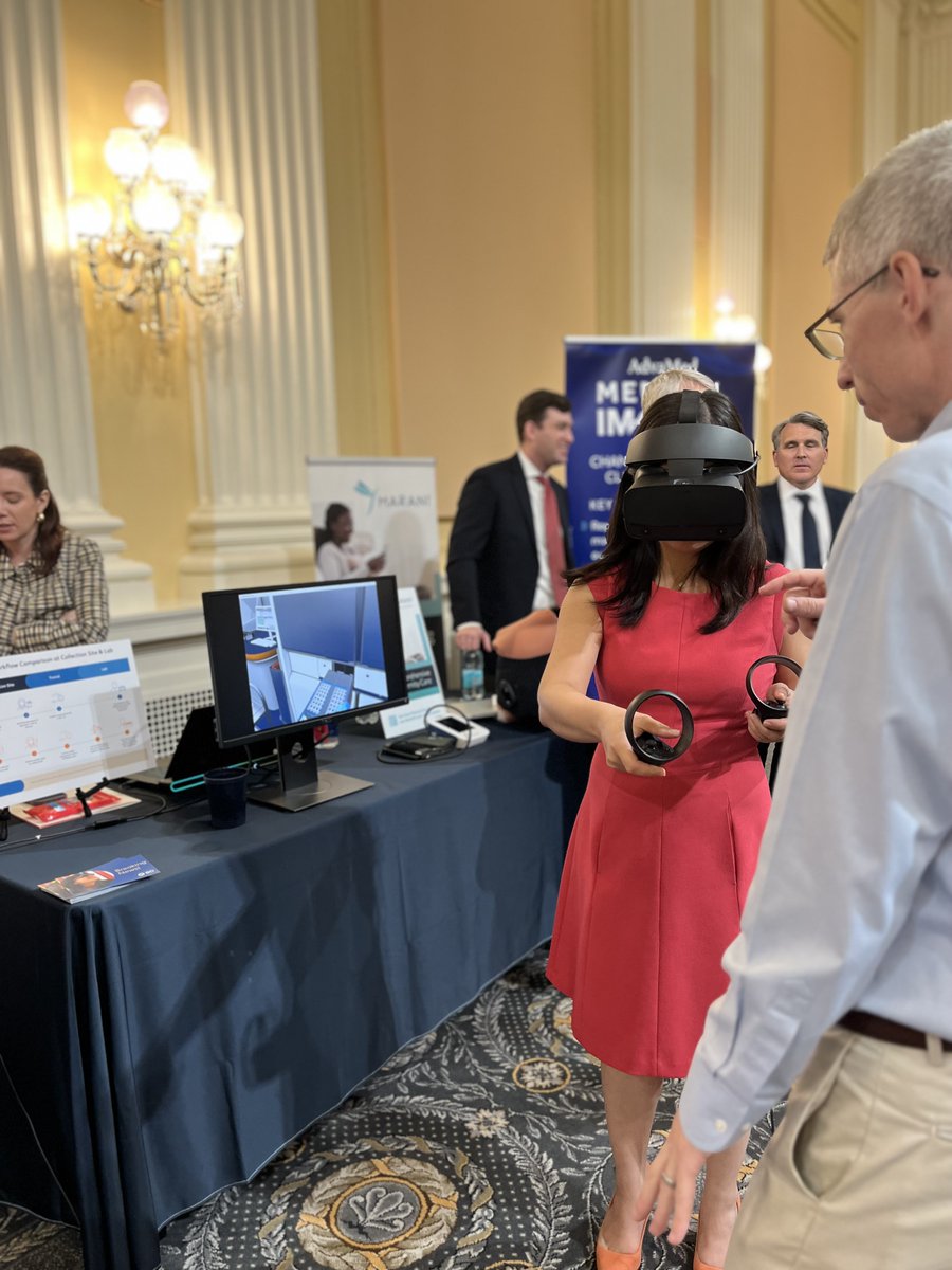 AdvaMedUpdate's tweet photo. Board member Juliana Elstad enjoys a moment with Lishan Aklog, MD & Tracy MacNeal, leaders on our health equity committees at our #MedtechShowcase on the hill. 44 member companies showcased #AI-driven #medtech to Members & 200+ staff, promoting global health equity advancements. https://t.co/B7AQmKJm7z