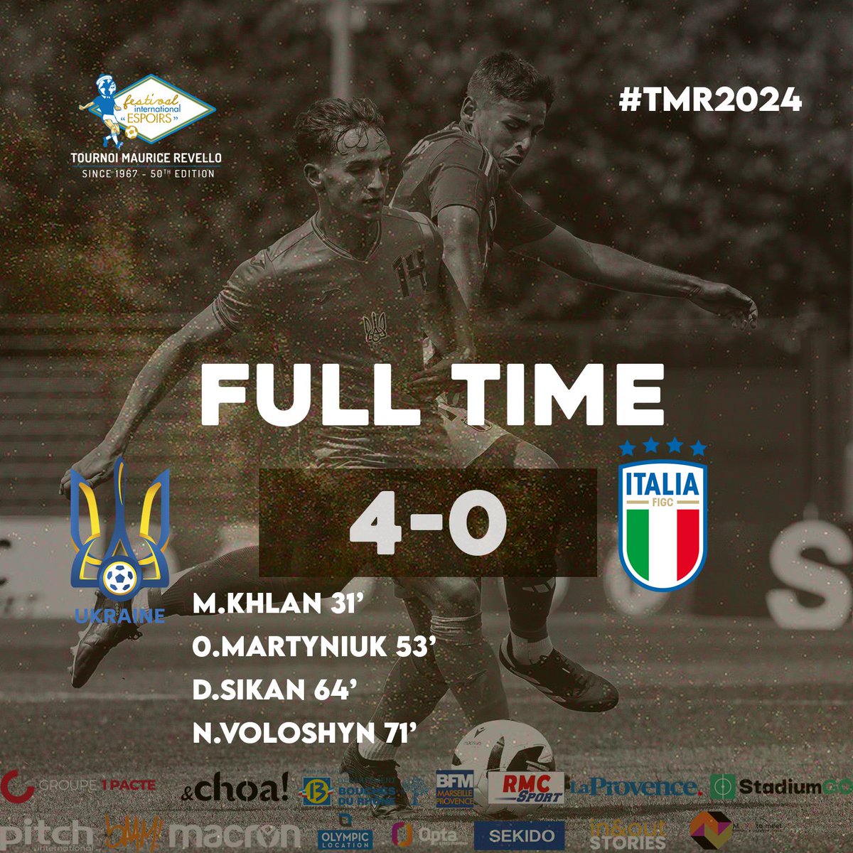 TournoiMRevello's tweet photo. ⏱️90' | #UKRITA 🇺🇦🇮🇹

Ukraine takes the three points in a comfortable win 

🇺🇦 UKRAINE (@uafukraine) 4⃣-0⃣ 🇮🇹 ITALY (@azzurri)

⚽️M.Khlan 31’
⚽️0.Martyniuk 53’
⚽️D.Sikan 64’
⚽️N.Voloshyn 71' 

#TMR2024 https://t.co/fS5cdw6rfW