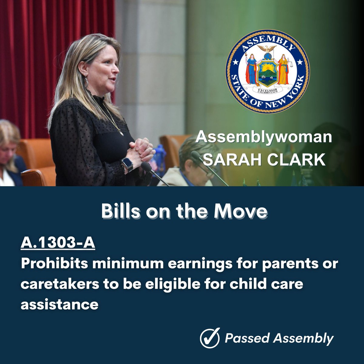 sarahhartclark's tweet photo. Last night, my bill, A.1303-A passed the Assembly.

This bill would eliminate a minimum earnings requirement for parents and caretakers to be eligible for child care assistance. https://t.co/ick4j7CkCV