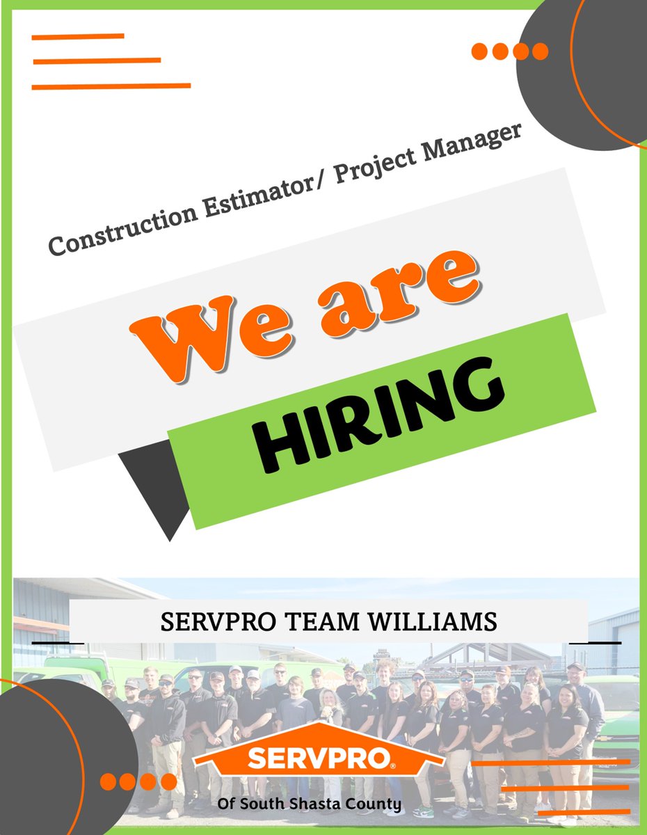 SShastaServpro's tweet image. Come Join Our Team!  
Insurance Construction Estimator- $35/hr
Full Time
Interview will begin with writing a construction estimate in Xactimate.
Email your resume to office.servpro8612@gmail.com or call us at 530-241-2424

#constructionestimator  #forhire #joinourteam
