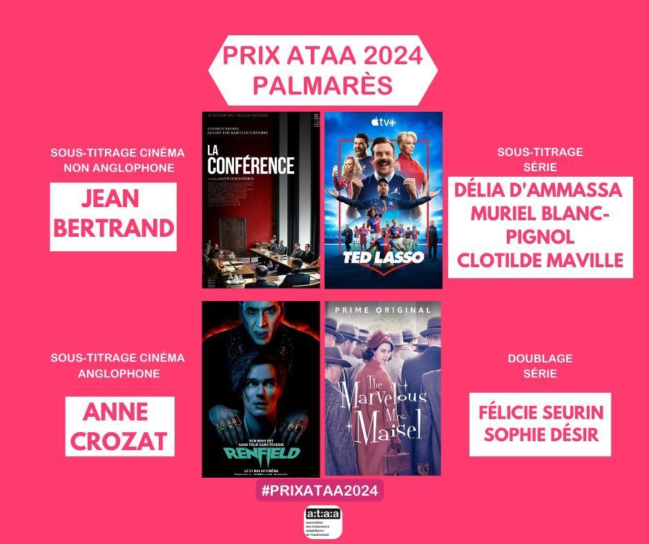 SFTfr's tweet image. 📸 Prix ATAA 2024 Palmarès - Toutes nos félicitations aux lauréat·es de cette 12e édition des Prix de l'@ataafr ! Bravo pour leur travail d’adaptation 👏 

#xl8 #traduction #ataa #prixataa2024 #cinéma