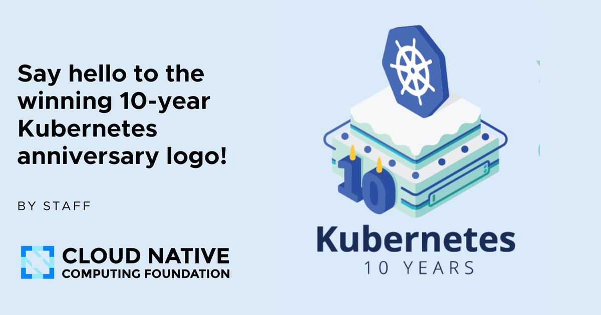 Say hello 👋 to the winning #Kubernetes 10-year anniversary logo!

The design by <a href="/CristherCastro/">Cristher Castro</a> and her team at Cuemby was selected from 30+ submissions! 

Take a look at the logo and hear more from Crister about the design inspiration on the blog: cncf.io/blog/2024/06/0…
