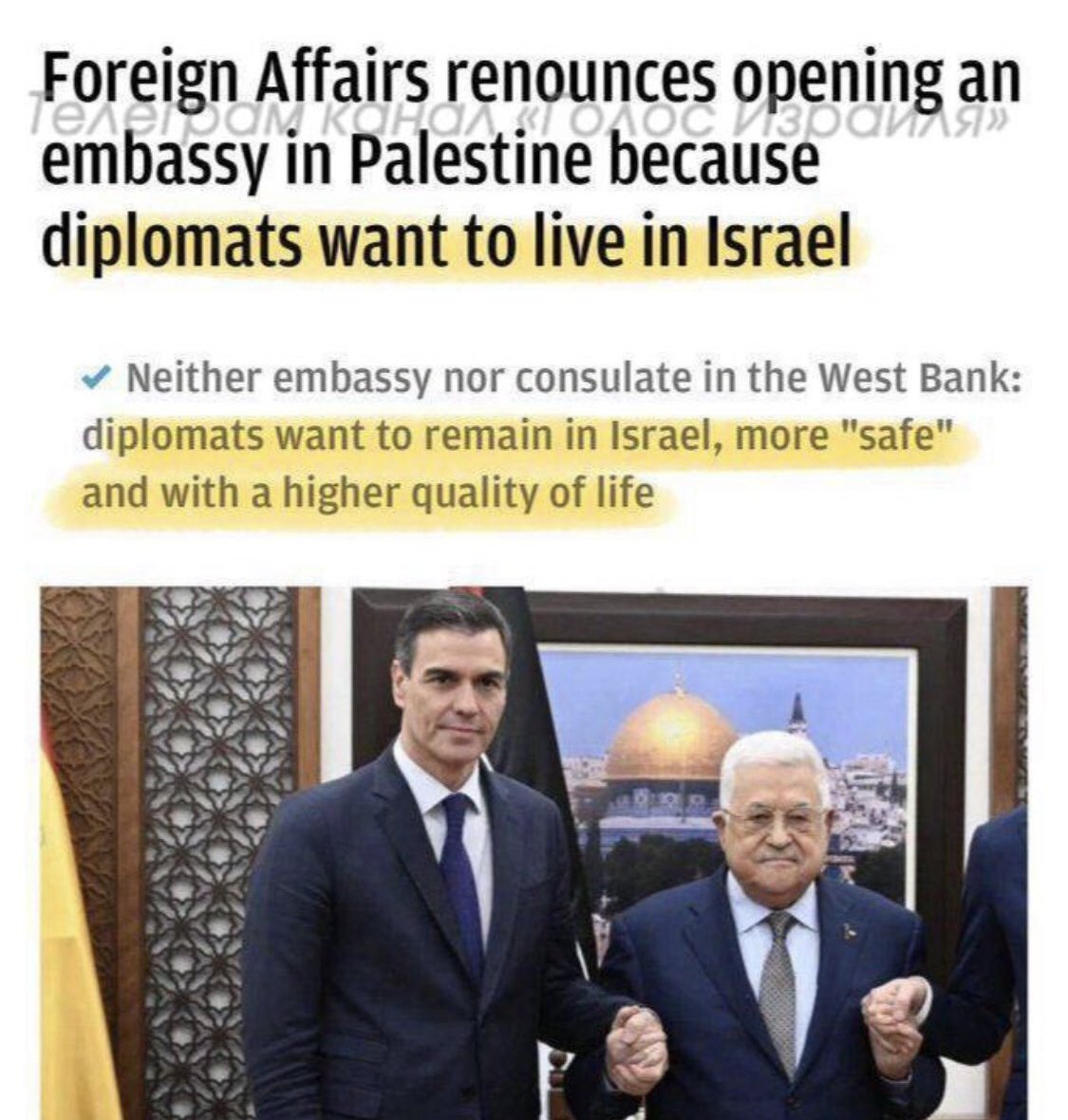 HananyaNaftali's tweet photo. This is hilarious 😆

Spain recognized Palestine but none of its diplomats want to "live in Palestine" due to security reasons. They prefer Israel. https://t.co/mraFxfpmY6