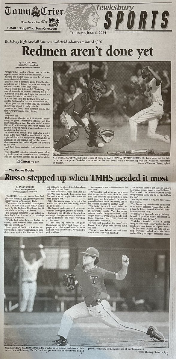 cookejournalism's tweet photo. 🗞️Tewksbury Town Crier this week:

-Big spread for @tmhs_baseball, with sidebars on Zach Russo and Cam Kearney after two postseason wins ⚾️
-How @TMHSLax earned first playoff win in program history 🥍
-A look into @softball_tmhs win over Marlborough in the round of 32 🥎 https://t.co/NUAajCaySH