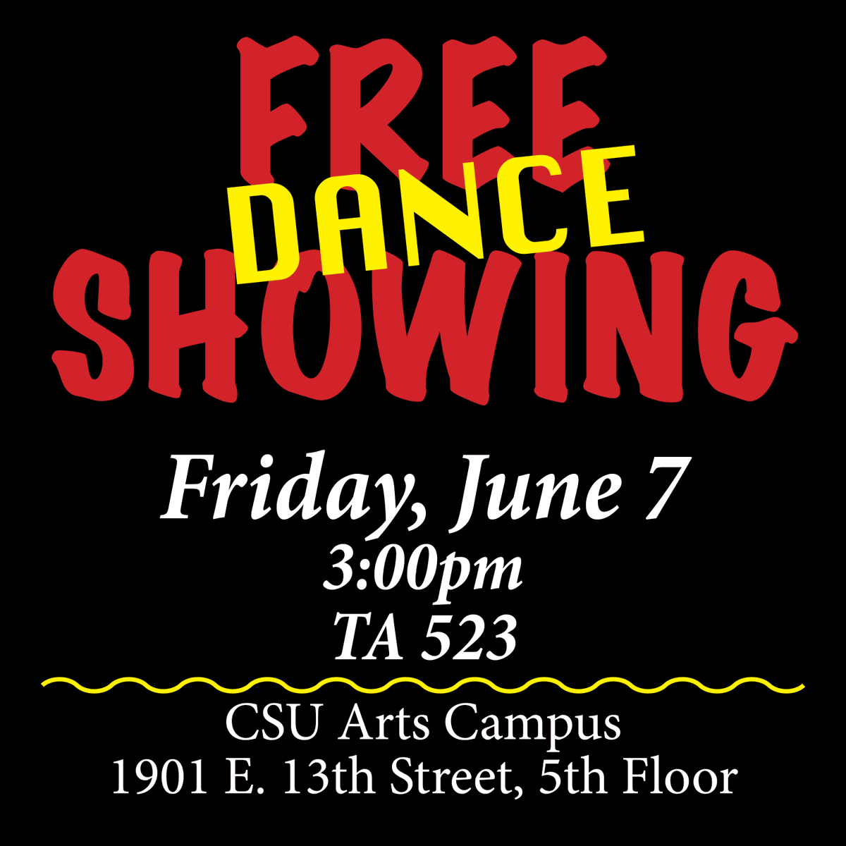 FREE SHOWING! #CSU Summer Dance Informal Performance: FREE &amp; open to all
Fri, June 7, 3pm
TA 523 (5th fl, Theatre &amp; Arts Bldg)
CSU Dance Intensive students will perform w/choreography by Howard Washington of Elevated.
Questions? Email m.ainza@csuohio.edu
<a href="/cle_state/">Cleveland State University</a> <a href="/CSUArts_Edu/">Charles Sturt Faculty of Arts & Education Research</a>