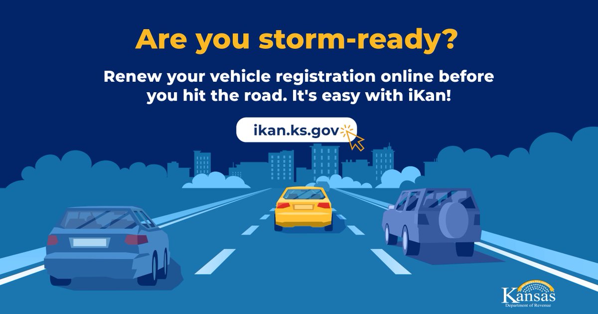Are you storm-ready? The iKan app lets you check your registration status, view your registration documents, and renew your plates before you hit the road. 🚗

Download the app or visit ikan.ks.gov. #kswx