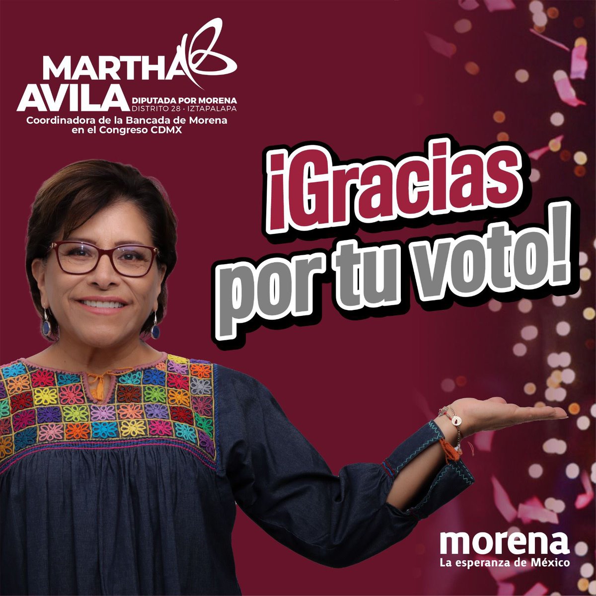 MarthaAvilaCDMX's tweet photo. Las y los habitantes de la Ciudad de México dieron muestra de una creciente cultura democrática; MORENA en la CDMX logró recuperar la confianza de la gente con resultados, honestidad y amor al pueblo. #marthaavila #iztapalapa #congresocdmx #morena #4T #distrito28  #poderchilango https://t.co/AffpzeWPEw