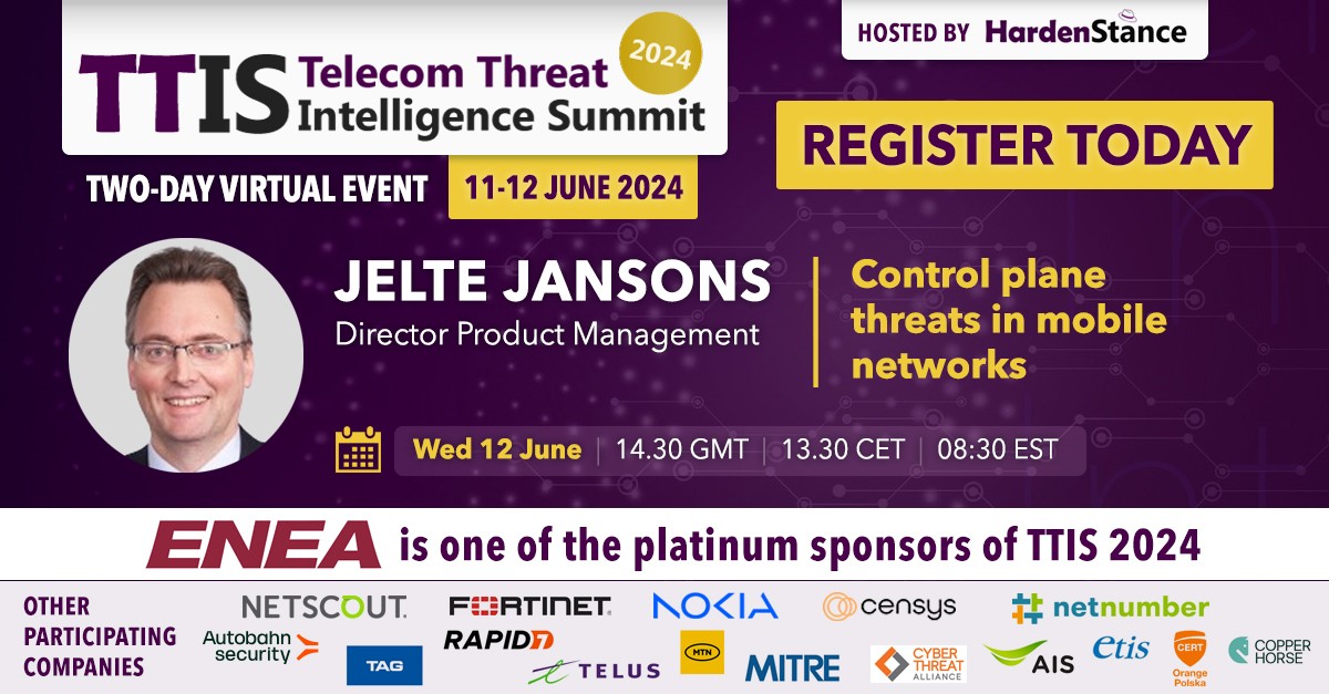 Happening next week: Jelte Jansons' session on control plane threats in #MobileNetworks at the @HardenStance Telecom Threat Intelligence Summit! Register now to join Jelte and many other #ThreatIntelligence experts on the 11th &amp; 12th of June: events.hardenstance.com