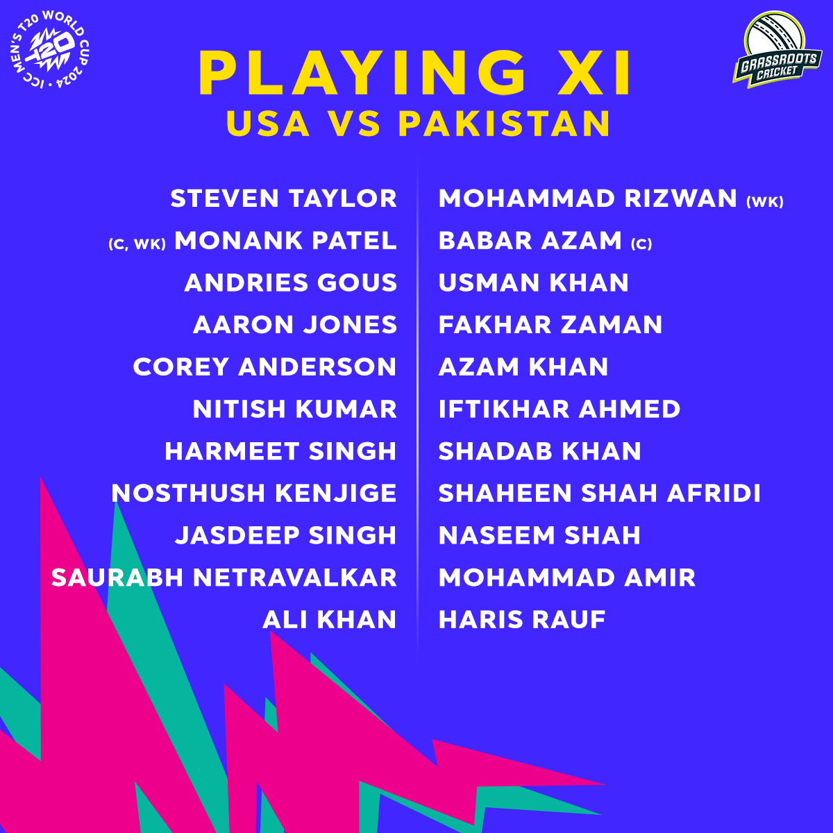grassrootscric's tweet photo. USA won the toss and opted to bowl against Pakistan.

#USAvPAK | #T20WorldCup https://t.co/pLQdZMNqk2
