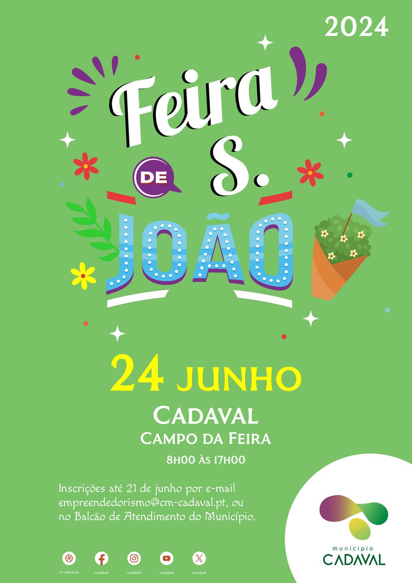 No próximo dia 24 de junho, o Município do Cadaval voltará a promover a Feira de São João.

Normas de Realização, formulário para inscrição (𝗮𝘁𝗲́ 𝟮𝟭 𝗱𝗲 𝗷𝘂𝗻𝗵𝗼) e mais informação 👉cm-cadaval.pt/672/feiradesoj…

#feiradesãojoão #24dejunho #feirafranca #cadaval