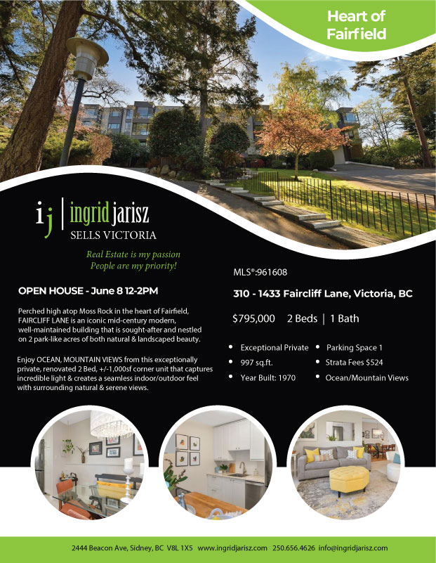 ingridsellsyyj's tweet photo. OPEN HOUSE SAT JUN 8 12-2 PM 
310 - 1433 Faircliff Lane Victoria BC - $795,000 - MLS®:961608

Enjoy OCEAN, MOUNTAIN VIEWS from this exceptionally private, renovated 2 Bed, +/-1,000sf corner unit.
#openhouse #yyjrealestate #fairfield #victoriabc #realestateyyj https://t.co/uIdWlrkWVE