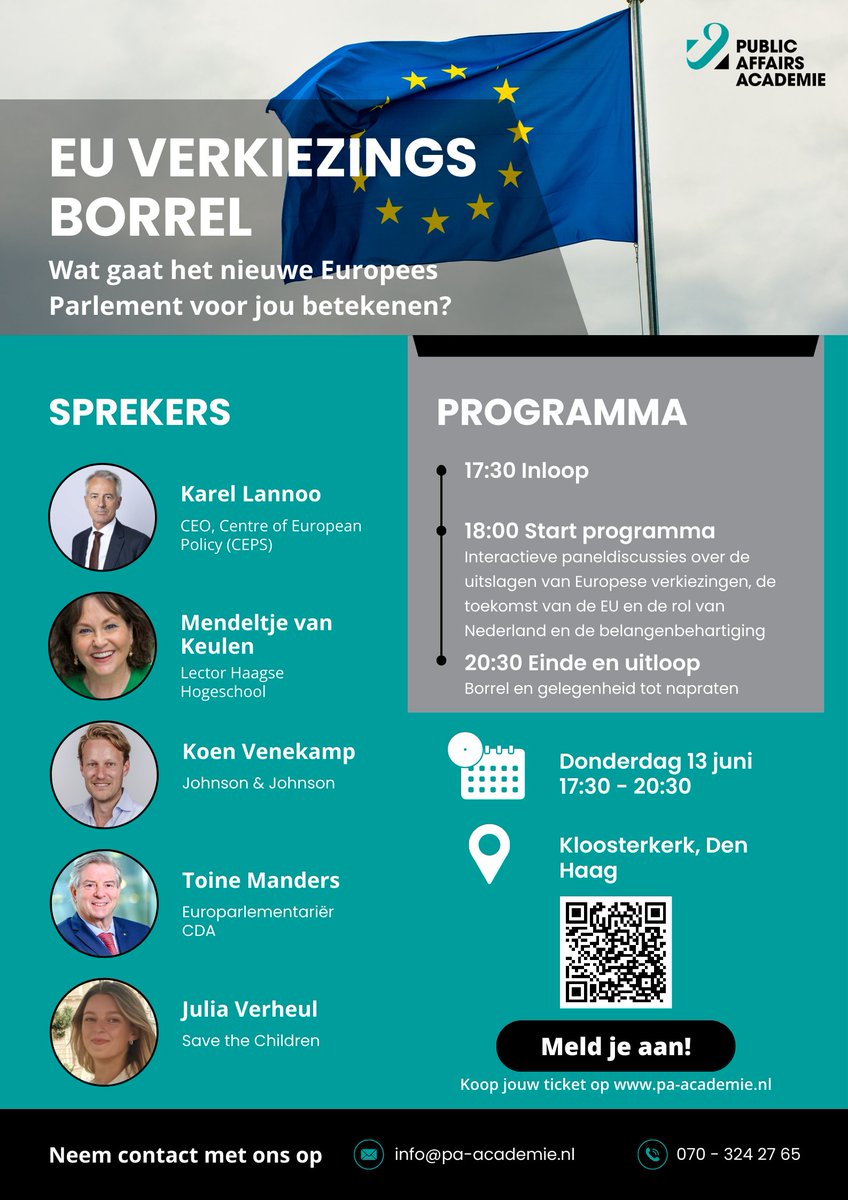 De Europese verkiezingen zijn vandaag van start gegaan! Wil je na de verkiezingen bijgepraat worden over de uitslagen en de consequenties daarvan? Dat kan tijdens de #EUVerkiezingsborrel! pa-academie.nl/agenda/eu-verk…