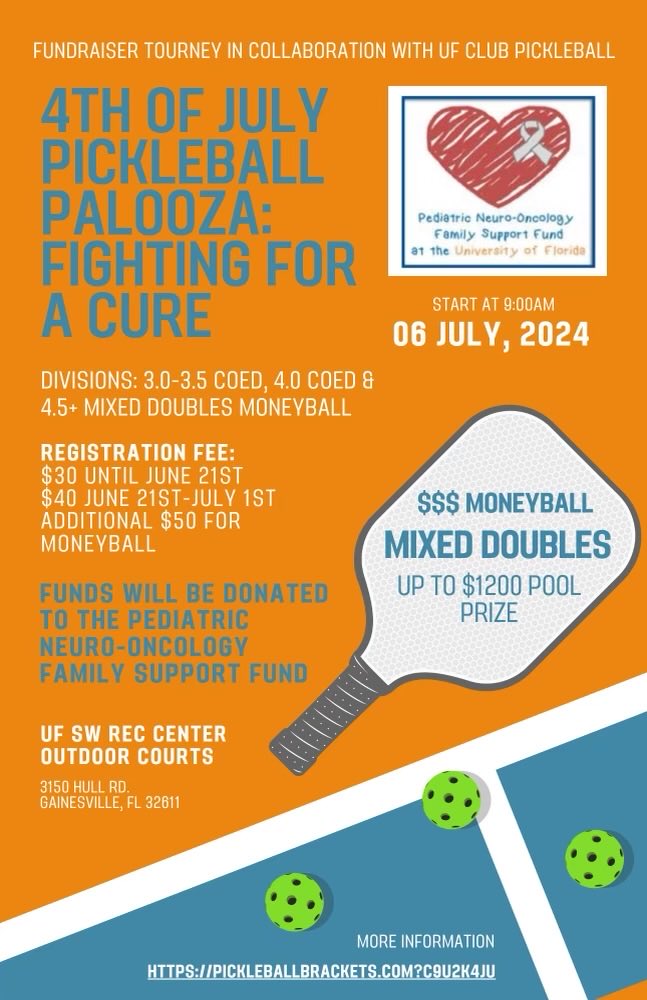 Pickleball lovers unite for a good cause! Join us July 6 for some friendly competition for a good cause!! Details below. Please share and spread the word 🏓! ⁦@UFNeurosurgery⁩ ⁦<a href="/UFHealthCancer/">UF Health Cancer Institute</a>⁩