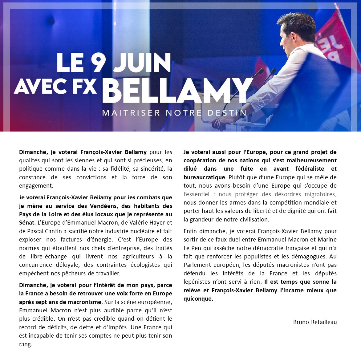 BrunoRetailleau's tweet photo. Elections européennes : pourquoi je voterai @fxbellamy. https://t.co/QP7pAmRh62