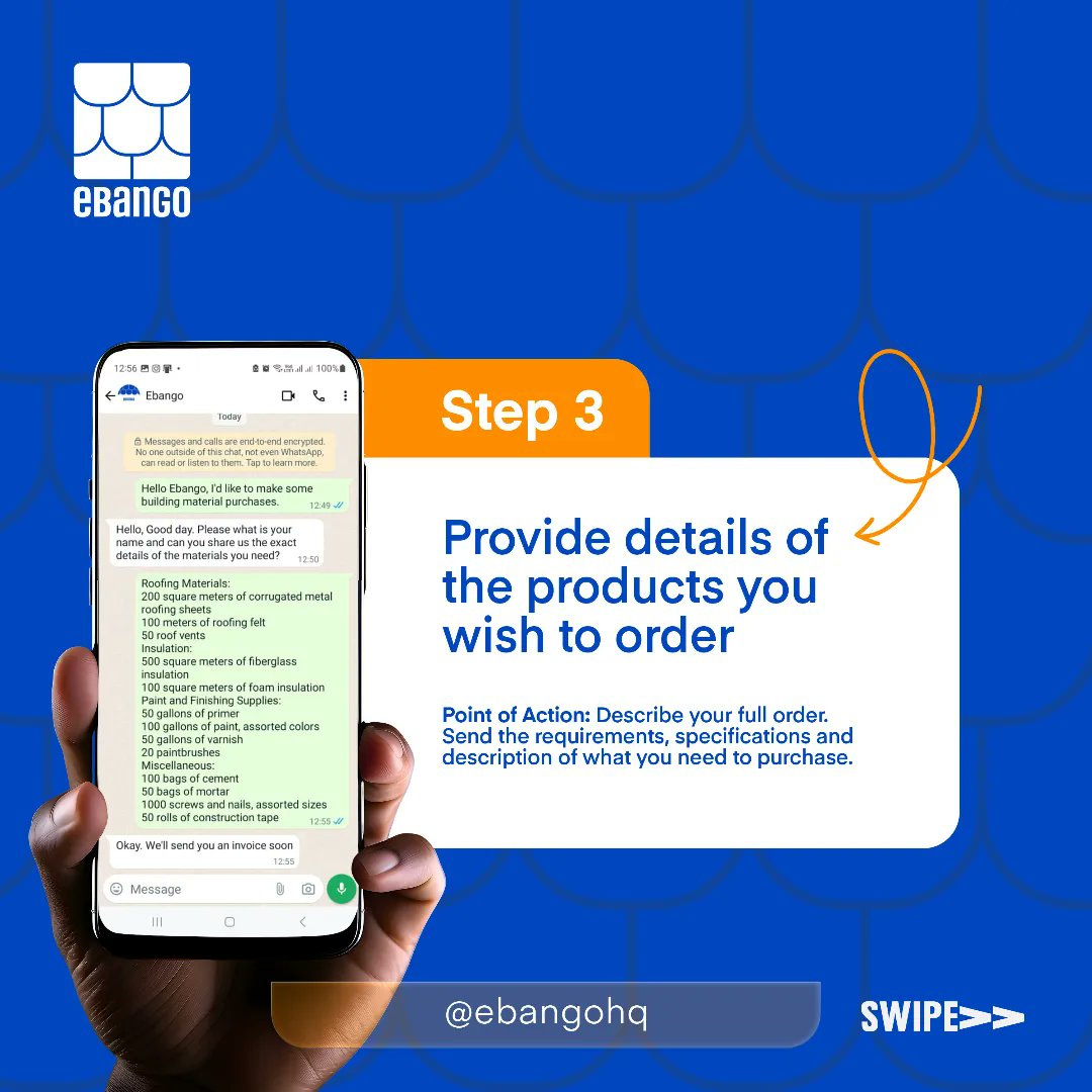 ebangohq's tweet photo. It's as easy as 1, 2, 3 with eBanGo!
This post shows you a step-by-step guide to ordering your next building materials.
Don't miss out, message us today!
#eBanGo #BuildingMadeEasy #SupportLocalBusiness #BuildingOnABudget #Ibadan https://t.co/Ee2cDorJRh