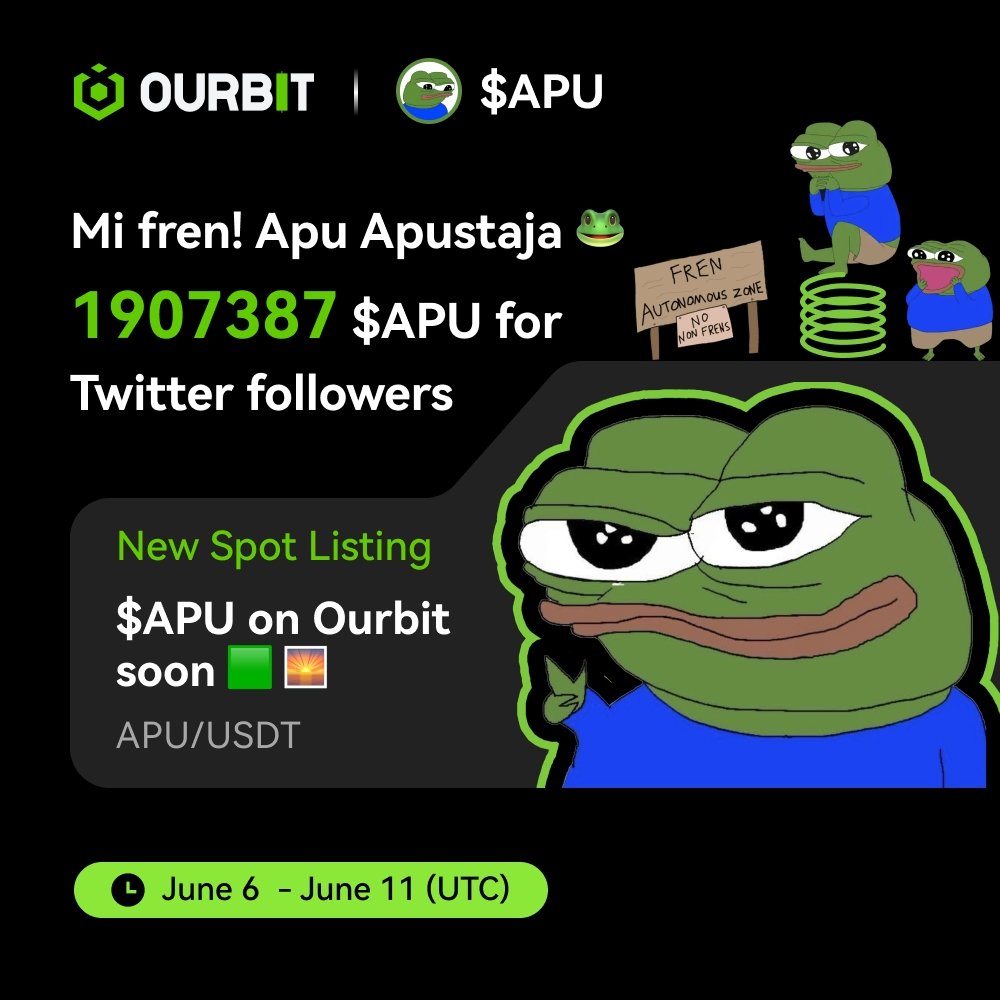 Henlo mi frens! $APU (<a href="/ApusCoin/">Apu Apustaja</a>) and Ourbit are cooking 🍗

$APU is soon to be listed on Ourbit tomorrow 🐸🫶

1,907,387 $APU are given away for all the frog meme enjoyers: 

✦ Follow <a href="/ApusCoin/">Apu Apustaja</a> + <a href="/Ourbit_Official/">Ourbit</a>
✦ Comment an emoji that best describes $APU + tag 2 frens
✦ Fill