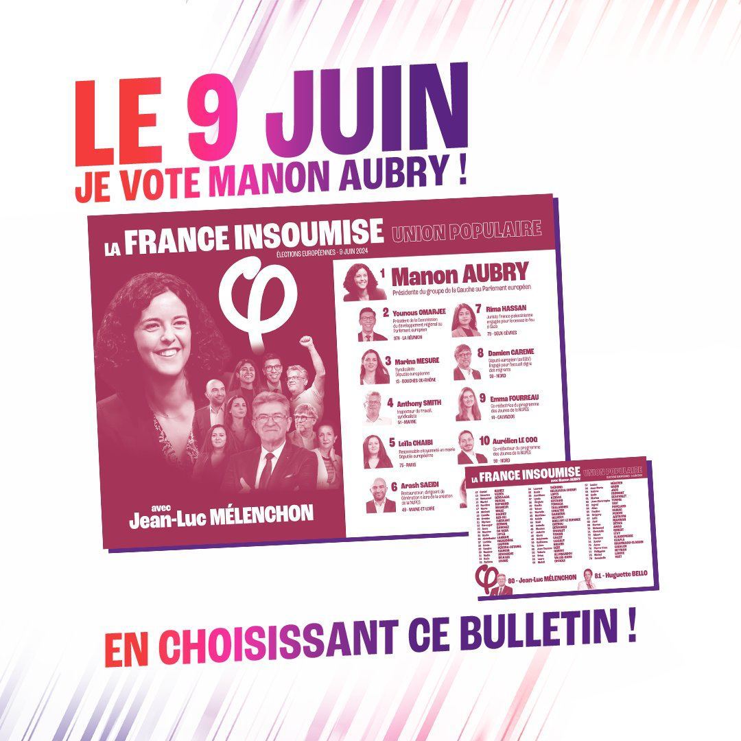 Vote LFI du 9 juin.

Alerte 1 : n'écrivez rien sur le bulletin de vote, ne dessinez rien, ne soulignez rien, sinon le vote sera annulé.

Alerte 2 : on peut voter sans sa carte d'électeur avec une simple carte d'identité.

Alerte 3 : si vous avez déjà voté, vous êtes déjà inscrit.