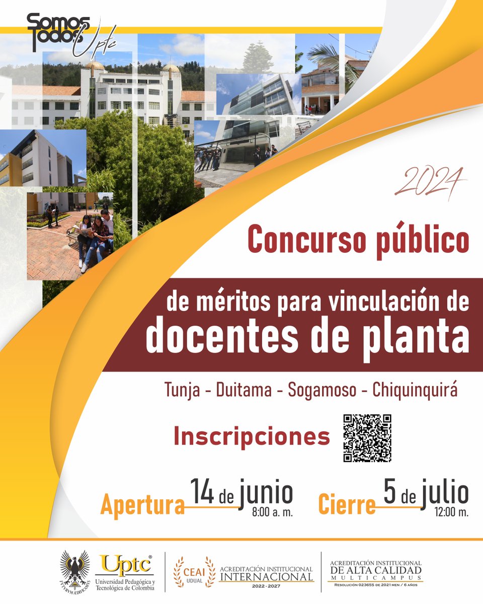 UPTCoficial's tweet photo. ⚠️ Abierto el concurso público de méritos para la vinculación de docentes de planta en la #UPTC ⚠️

Para docentes de planta en nuestras sedes de #Tunja, #Duitama, #Sogamoso y #Chiquinquirá 👍

🗓️ Inscripciones: 14 de junio - 5 de julio

 Más info 🖱️ 👇
https://t.co/6rhY0y1FcO https://t.co/rPf9zPmHfa