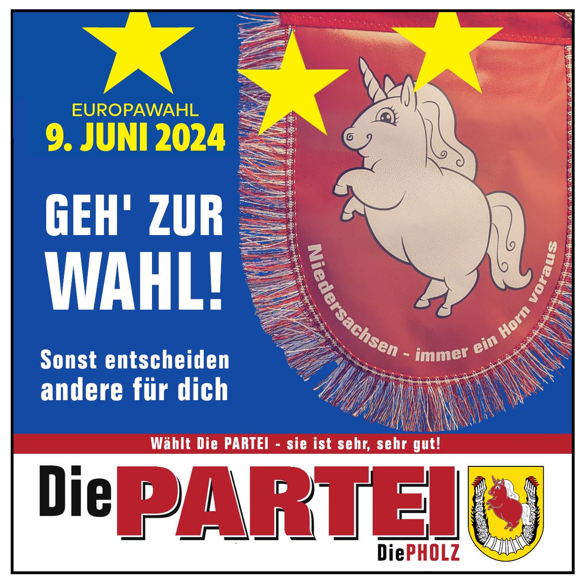 Frust und Gleichgültigkeit sind keine Entschuldigung. Geh' zur Wahl!
Es gibt 3 Dutzend Parteien, die zur Wahl stehen. Eine davon wird dir gefallen. 
Im Zweifelsfall wählst du natürlich die Partei "Die PARTEI", denn sie ist sehr, sehr gut.

#GehZurWahl #BuntStattBraun #DiePARTEI