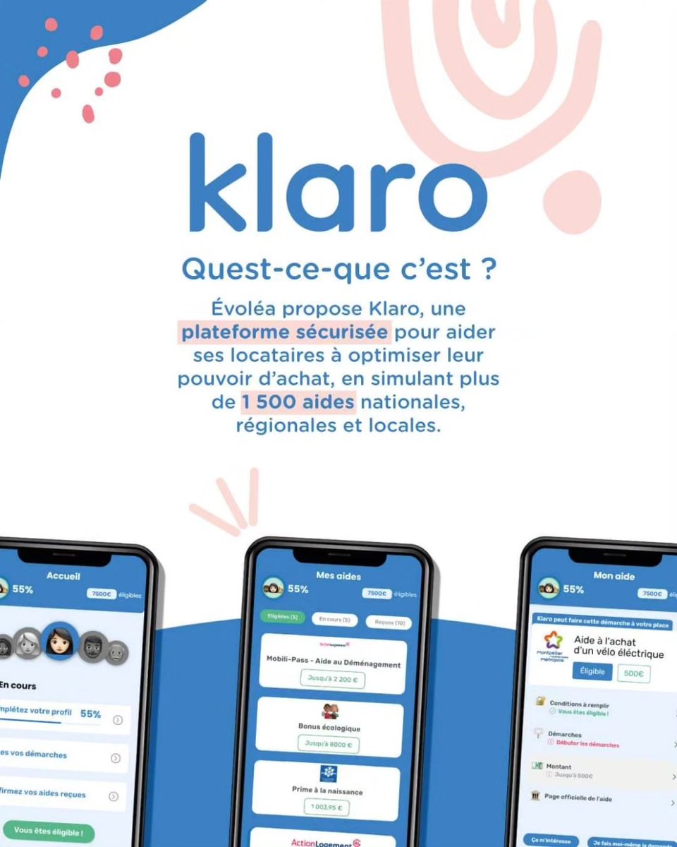 Evolea03's tweet photo. 🤩 Klaro, boostez votre pouvoir d’achat ! 
Locataire Évoléa? Profitez de Klaro, 100% gratuit, en testant votre éligibilité à 1 500 aides nationales, régionales, locales
🤓 Faites des économies
➡️ Connectez-vous à l’application Klaro ou sur le site internet https://t.co/59olOTEzG3 https://t.co/LKuHJIjhST