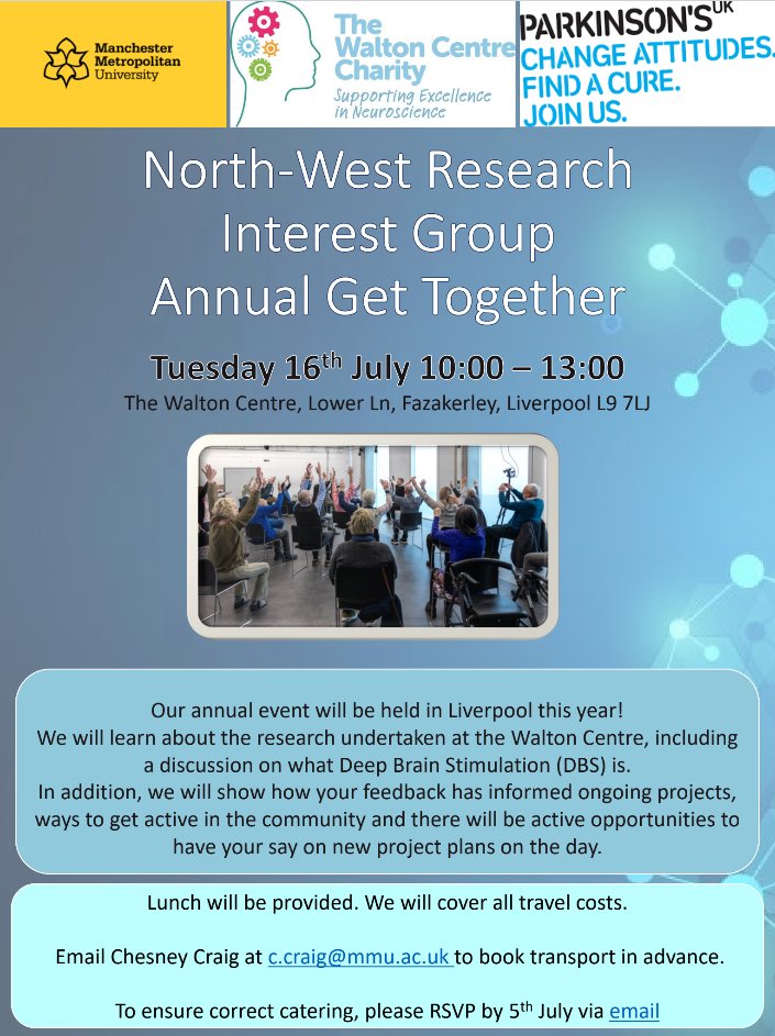 Book your place at the Parkinson's North West Research Interest Group's next event- Tuesday 16th July. Full details below 👇  #parkinsons