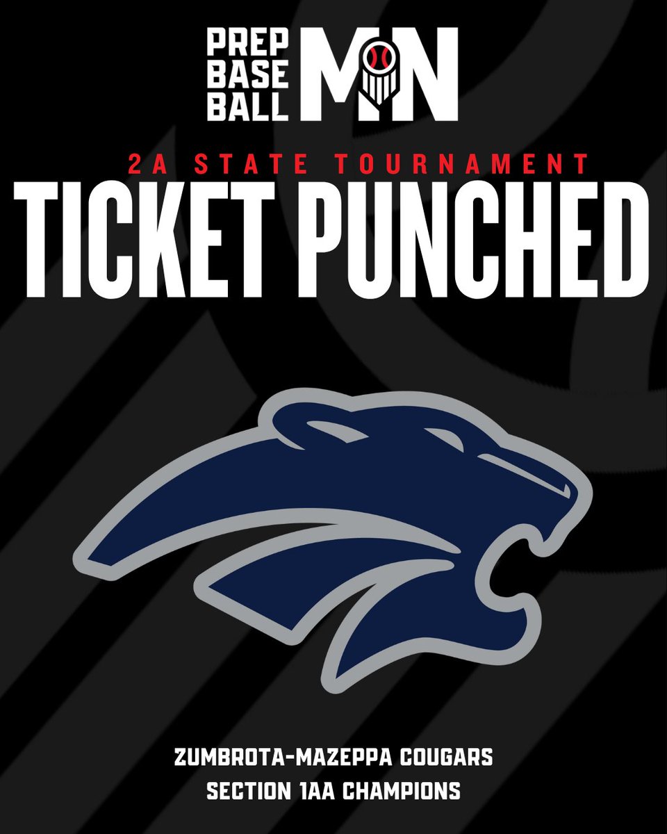 𝙩𝙞𝙘𝙠𝙚𝙩 𝙥𝙪𝙣𝙘𝙝𝙚𝙙.

Congratulations to the Zumbrota-Mazeppa Cougars

🏆 Section 1AA Champions
🎟️ 2024 Minnesota 2A State Tournament
📍 Dick Putz Field | St. Cloud, Minnesota