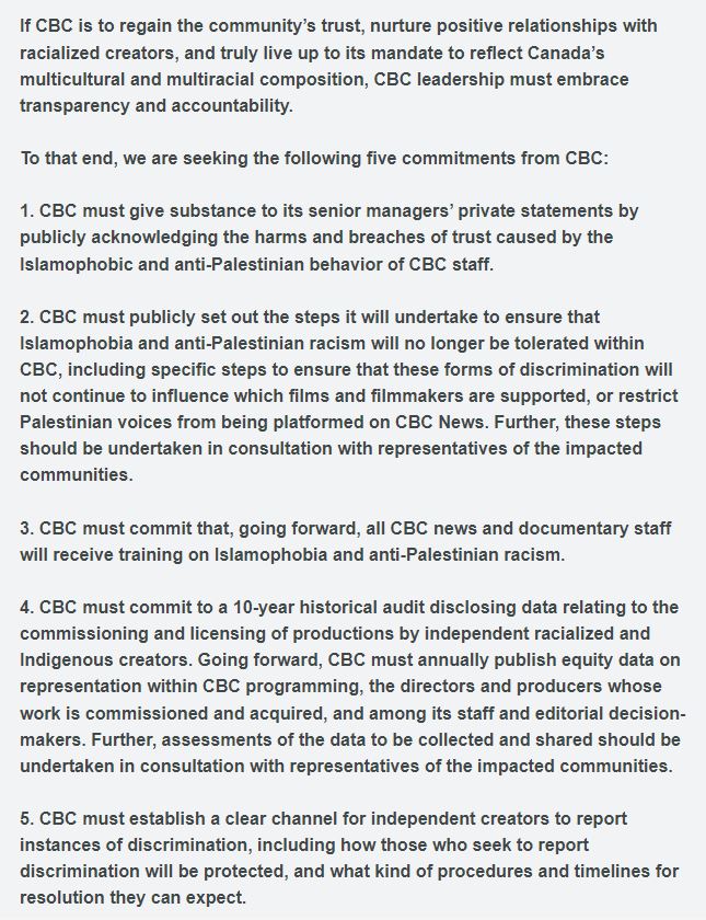 HertzBarry's tweet photo. NEW: 500+ members of Canada's documentary community – including Sarah Polley, Danis Goulet,Elle-Máijá Tailfeathers, Ali Weinstein – sign @DOCorg &amp; @RE_MCorg letter calling on CBC to address "apparent pattern of anti-Palestinian bias, Islamophobia, and anti-Palestinian racism." https://t.co/5WDcwlskhK