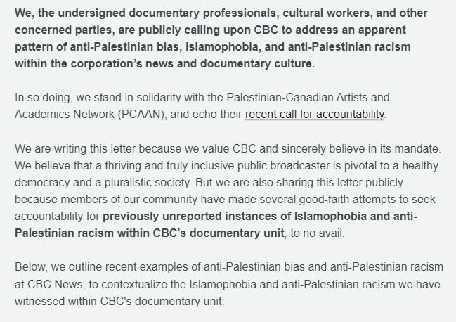 HertzBarry's tweet photo. NEW: 500+ members of Canada's documentary community – including Sarah Polley, Danis Goulet,Elle-Máijá Tailfeathers, Ali Weinstein – sign @DOCorg &amp; @RE_MCorg letter calling on CBC to address "apparent pattern of anti-Palestinian bias, Islamophobia, and anti-Palestinian racism." https://t.co/5WDcwlskhK