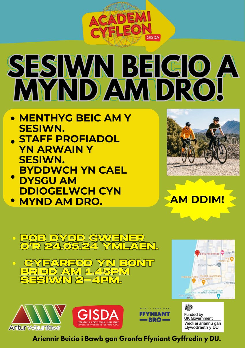 Gisdacyf's tweet photo. 🚴‍♀️Dewch i fwynhau awyr iach Gaernarfon!🚴

➡️ Ymunwch gyda staff GISDA ar gyfer sesiwn beicio a mynd am dro, sesiwn wythnosol bob prynhawn Gwener!

❗️AM DDIM

#caernarfon #awyriach #gisda #cydweithio #youngpeople #AmDdim #academicyfleon https://t.co/A5v69krXE2