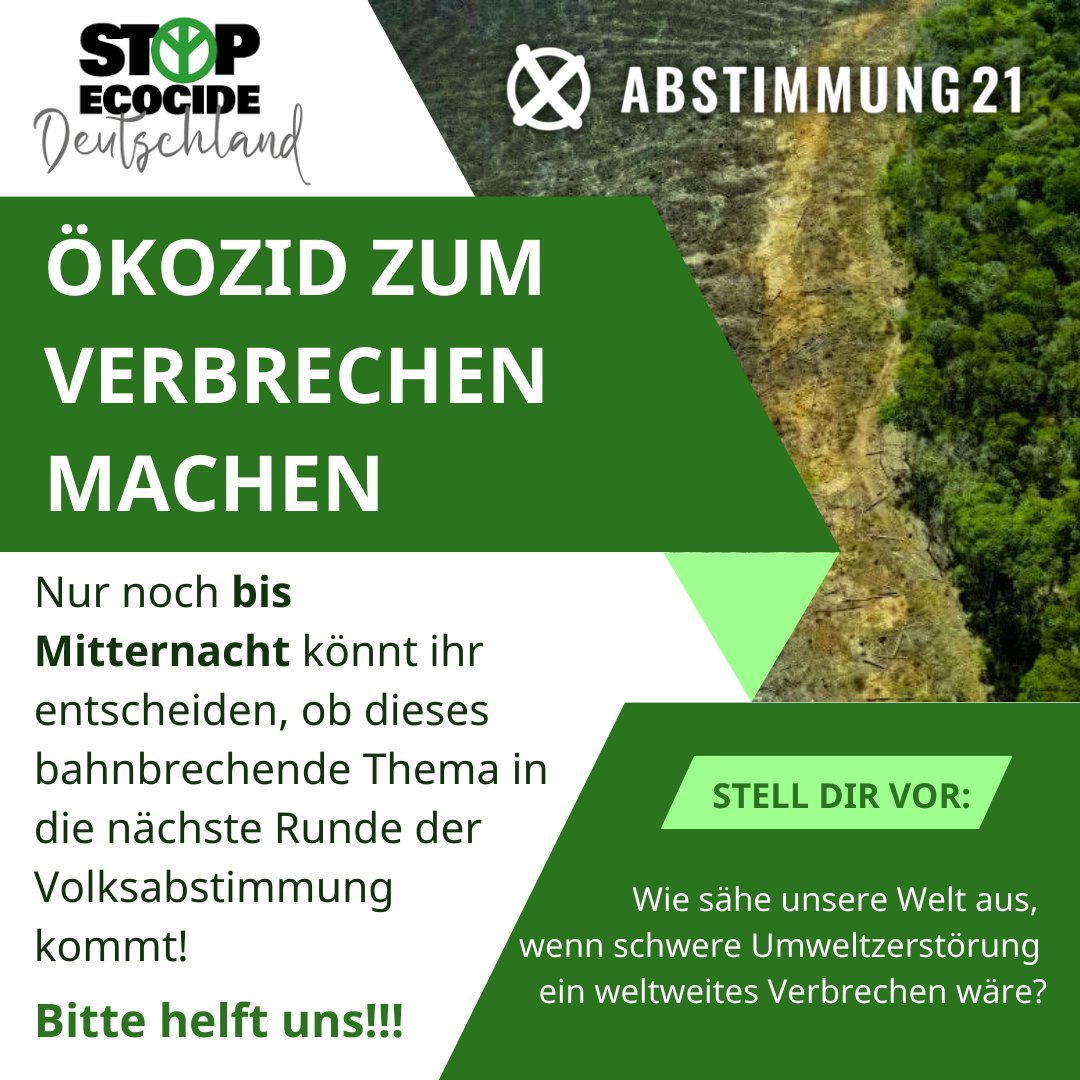 Bitte stimmt für uns ab! Nach kurzer Anmeldung könnt ihr dann auch andere Vorschläge unterstützen, wie Rechte der Natur oder Naturnaher Wald...

#ökozid #stopecocide

abstimmung21-mitmachen.de/proposals/225-…