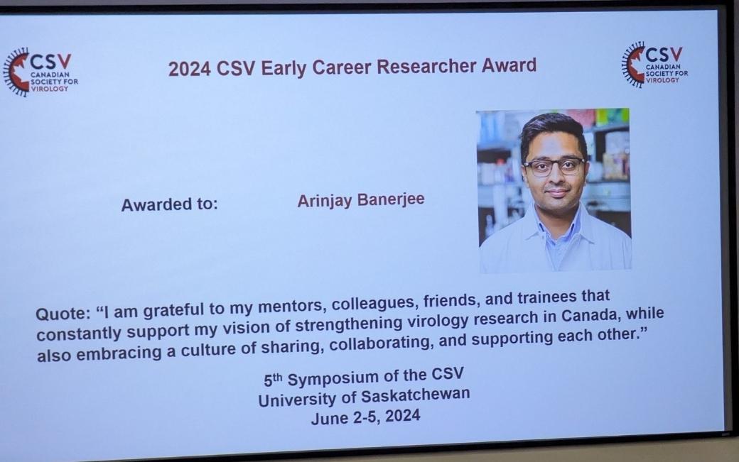 VIDO (@vidointervac) on Twitter photo Congratulations to VIDO Researcher Dr. Arinjay Banerjee (<a href="/sci_questions/">Arinjay Banerjee</a>) for being awarded the prestigious 2024 CSV Early Career Researcher Award! We are so proud of you! #CSV2024 <a href="/CanSocVirol/">Canadian Society for Virology</a> Congratulations to VIDO Researcher Dr. Arinjay Banerjee (<a href="/sci_questions/">Arinjay Banerjee</a>) for being awarded the prestigious 2024 CSV Early Career Researcher Award! We are so proud of you! #CSV2024 <a href="/CanSocVirol/">Canadian Society for Virology</a>