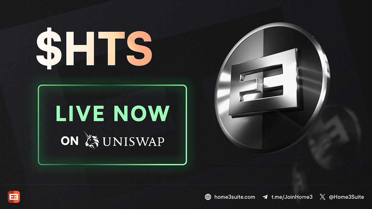 $HTS token is now live on #Uniswap!

Contract address: 0xC40629464351c37c1e1f47b3640eA2e7AeC31eA5

Buy on Uniswap: app.uniswap.org/#/swap?outputC…

Website: home3suite.com

Whitepaper: home3suite.com/whitepaper

TG Community: t.me/JoinHome3