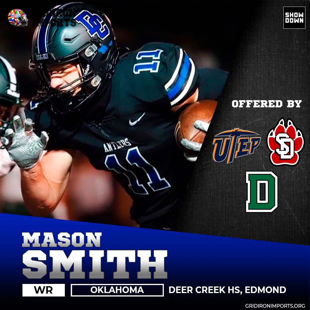 Big week for American <a href="/masonokc11/">Mason Smith</a> on our camp tour in Texas-added offers from FBS <a href="/UTEPFB/">UTEP Football</a> and defending Ivy Champ <a href="/DartmouthFTBL/">Dartmouth Football</a> to go along with his previous offer from <a href="/SDCoyotesFB/">South Dakota Football</a>. Watch for this standout from OK @Creek_Football to continue to gain momentum <a href="/CoachStandley/">Wade Standley</a>