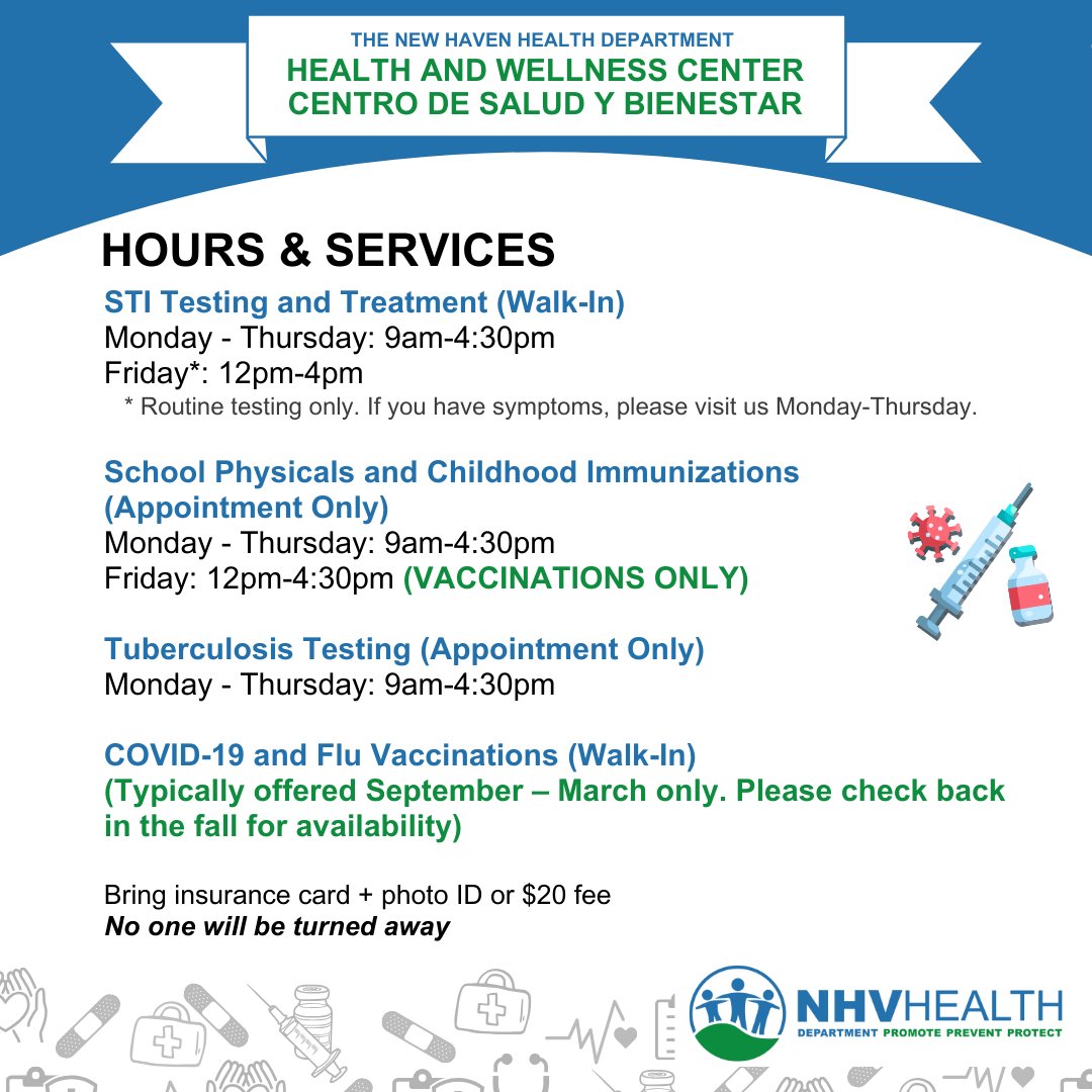 NHVPublicHealth's tweet photo. 🩺Look here to see the latest and most up to date schedule for the New Haven Health Department Health and Wellness Center!

📞Call today to make an appointment.

#NewHavenHealthDepartment #NHVHealth #NHV #HealthandWellnessCenter https://t.co/Z6J23gfQ5C