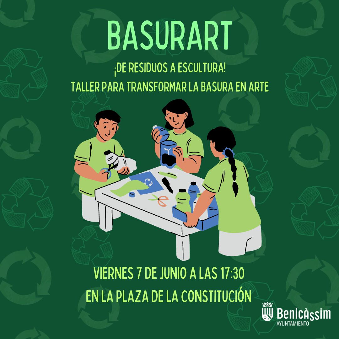 AytoBenicassim's tweet image. ♻️📆 Mañana, 7 de junio a las 🕝 17:30 h, en la 📍 Plaza Constitución de #Benicàssim, participa en el taller "BasurArt"  y crea esculturas de forma sostenible.🌍🎨

#basurart #reciclajecreativo #artecomunitario #sostenibilidad #transformalabasura #benicàssimsostenible