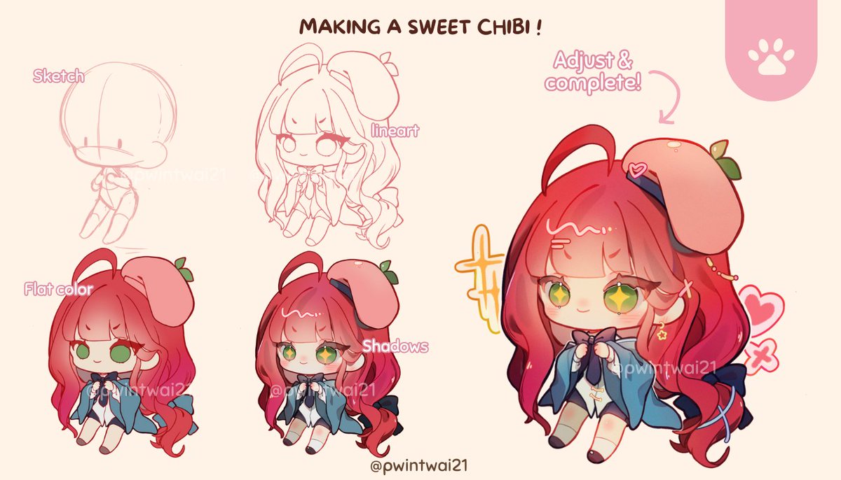 Chibi Pose 2: Small tutorial of a cute excited bean.🌸 Red + green