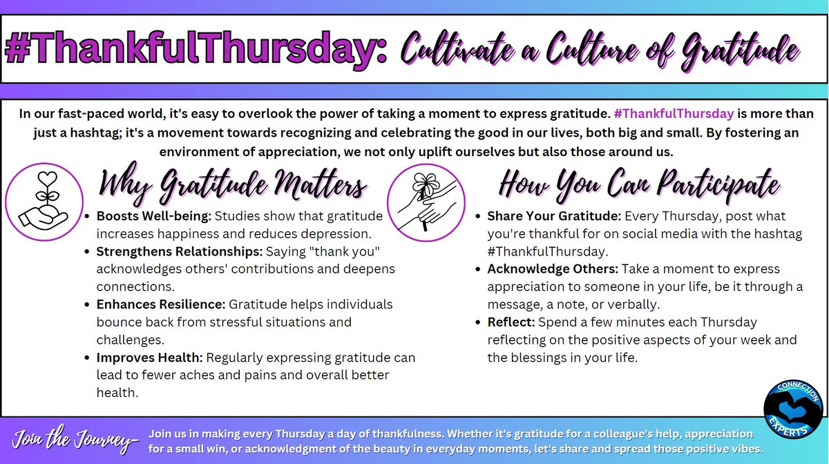 Connection_Exp's tweet photo. Introducing #ThankfulThursday! 🌟 Today, we start a journey of gratitude. Let's create a culture where appreciation blossoms. Share what you're thankful for, tag a friend or colleague, and spread the joy. Together, we can make gratitude contagious! 💖 https://t.co/pp4IrGXKlR
